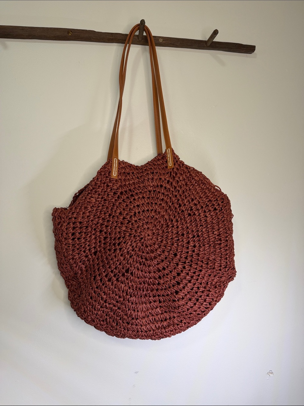 Woven Round Tote Bag in Terracotta with Leather Straps